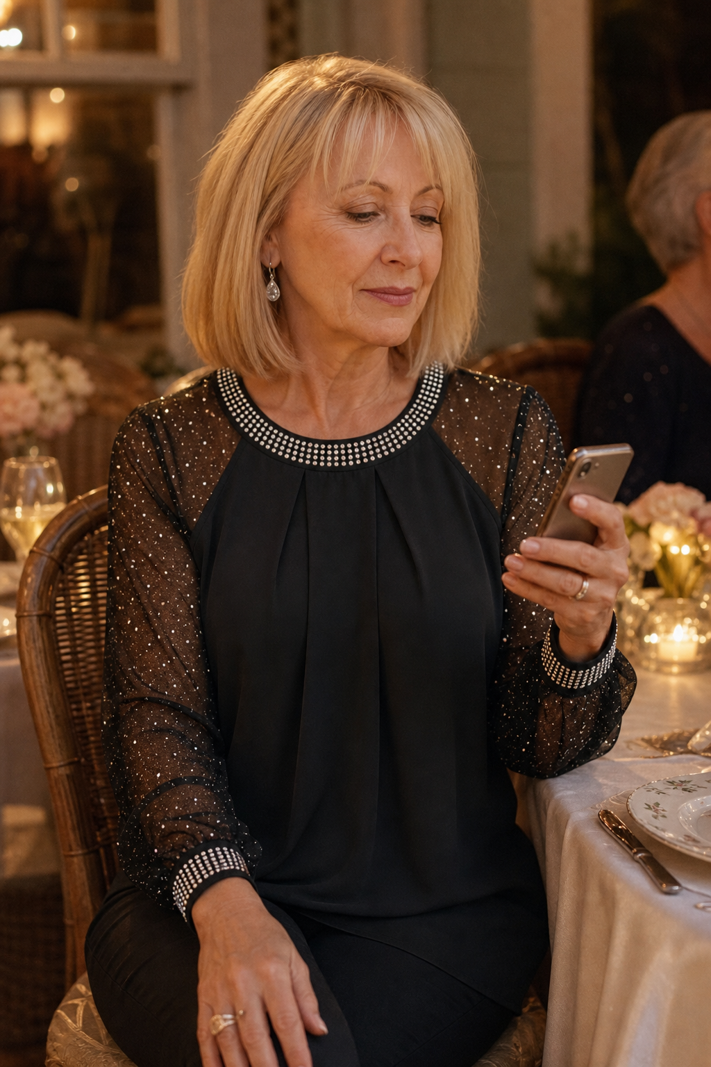 Elodie | Sophisticated Sequin Trim Sheer Sleeve Party Top