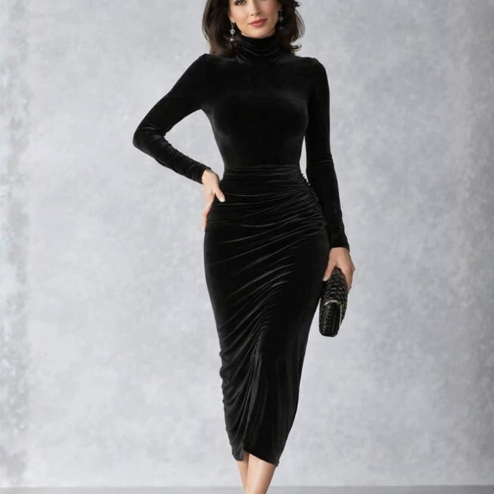 Elsie | Classic Ruched Turtleneck Velvet Midi Dress