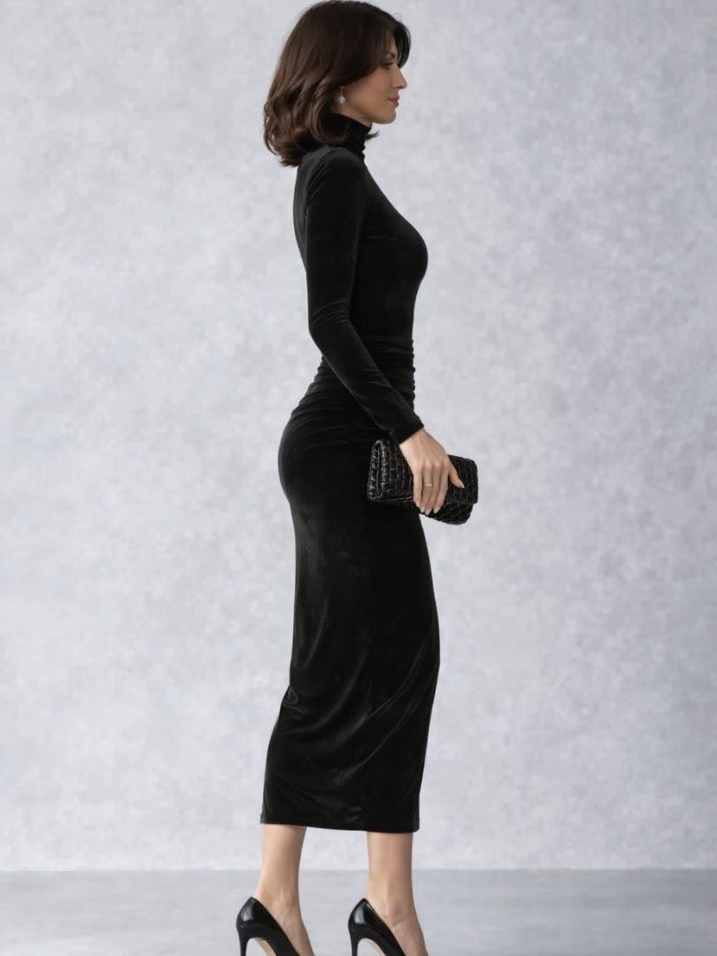 Elsie | Classic Ruched Turtleneck Velvet Midi Dress