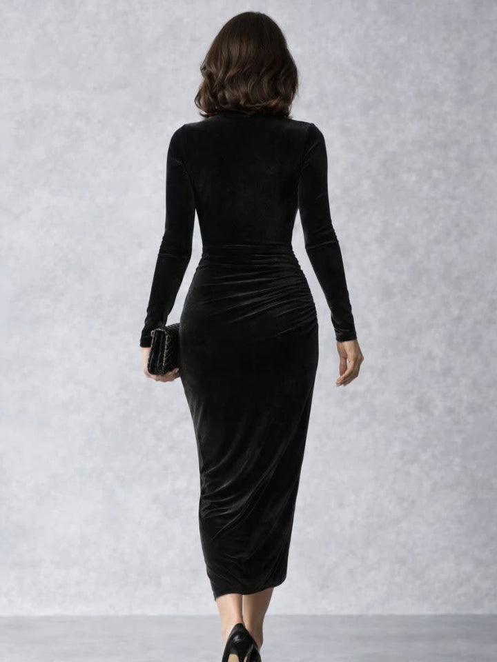 Elsie | Classic Ruched Turtleneck Velvet Midi Dress