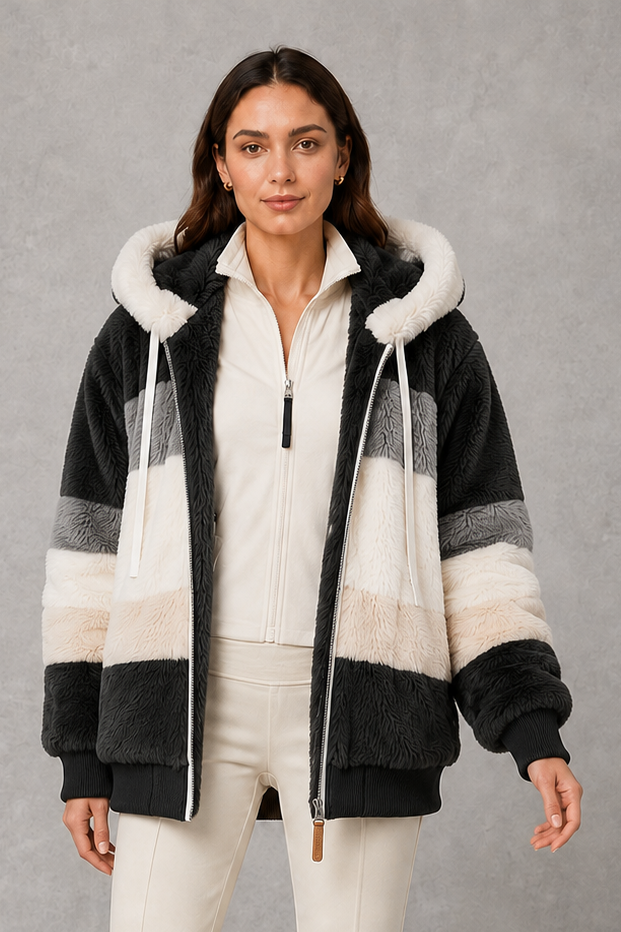 Elsie | Polished Hooded Faux Fur Coat with Colour-Block Stripes