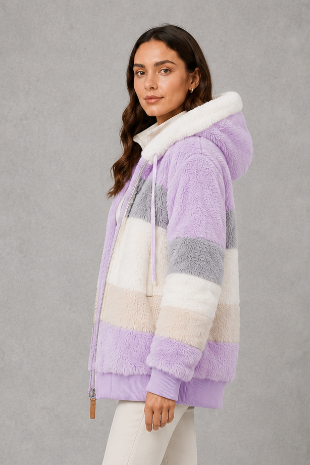 Elsie | Polished Hooded Faux Fur Coat with Colour-Block Stripes