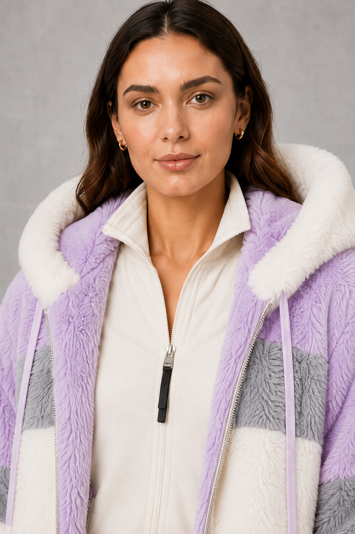 Elsie | Polished Hooded Faux Fur Coat with Colour-Block Stripes