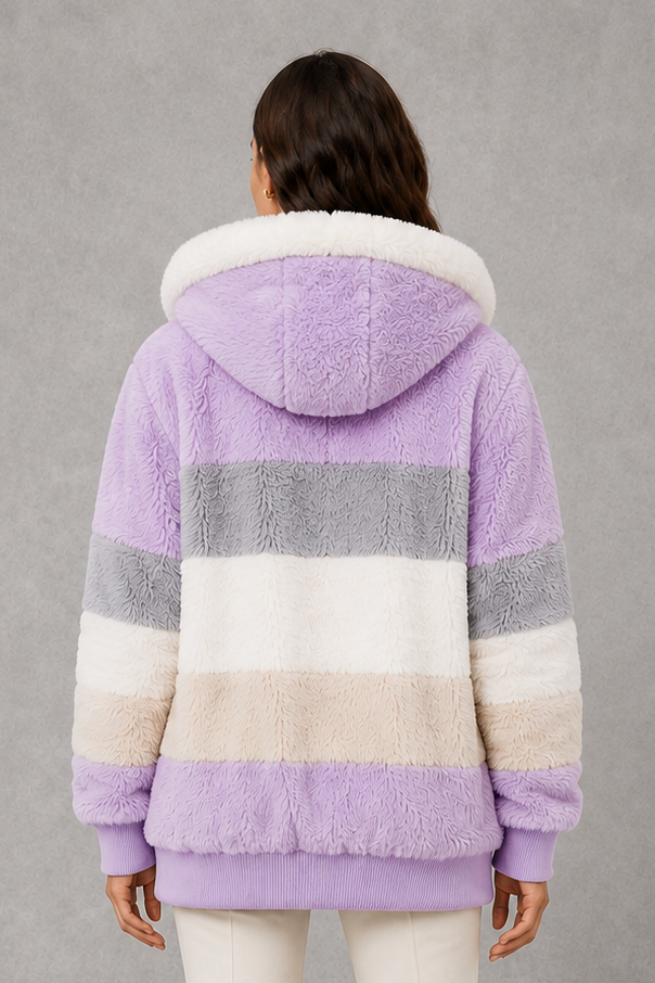 Elsie | Polished Hooded Faux Fur Coat with Colour-Block Stripes