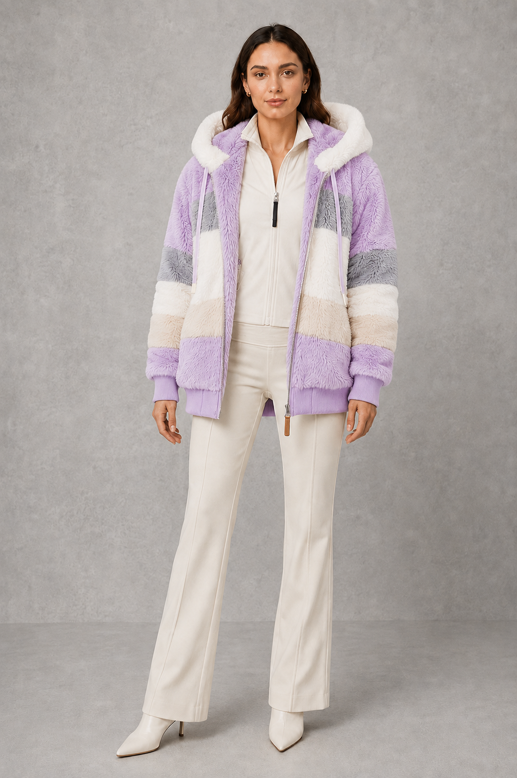 Elsie | Polished Hooded Faux Fur Coat with Colour-Block Stripes