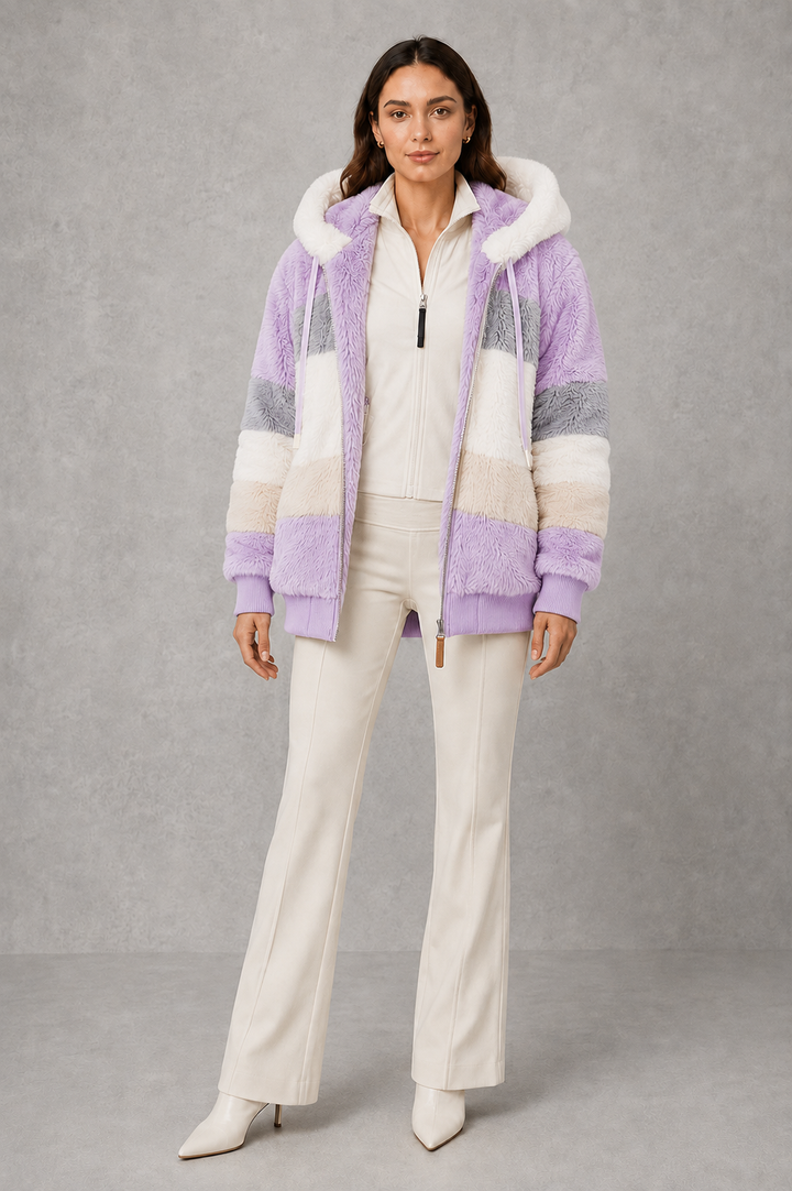 Elsie | Polished Hooded Faux Fur Coat with Colour-Block Stripes