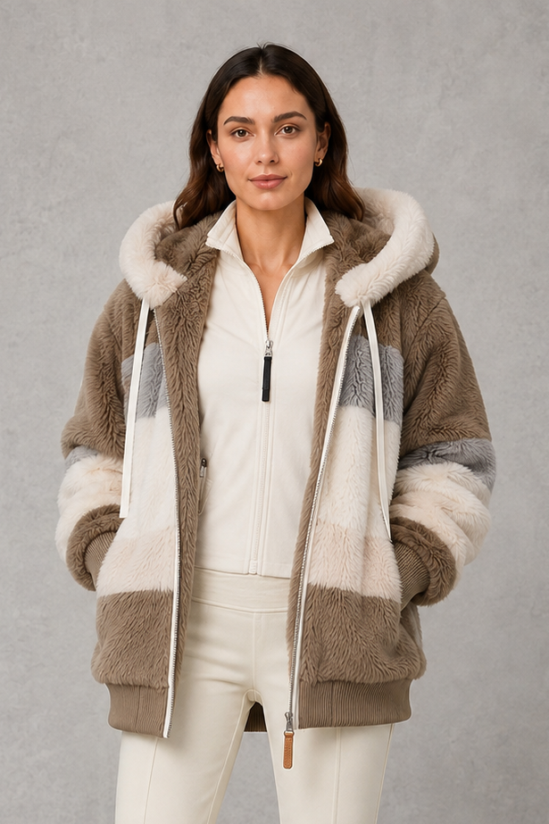 Elsie | Polished Hooded Faux Fur Coat with Colour-Block Stripes