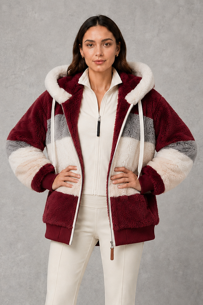 Elsie | Polished Hooded Faux Fur Coat with Colour-Block Stripes
