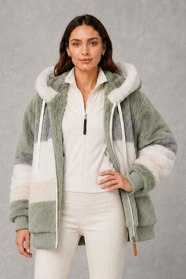 Elsie | Polished Hooded Faux Fur Coat with Colour-Block Stripes