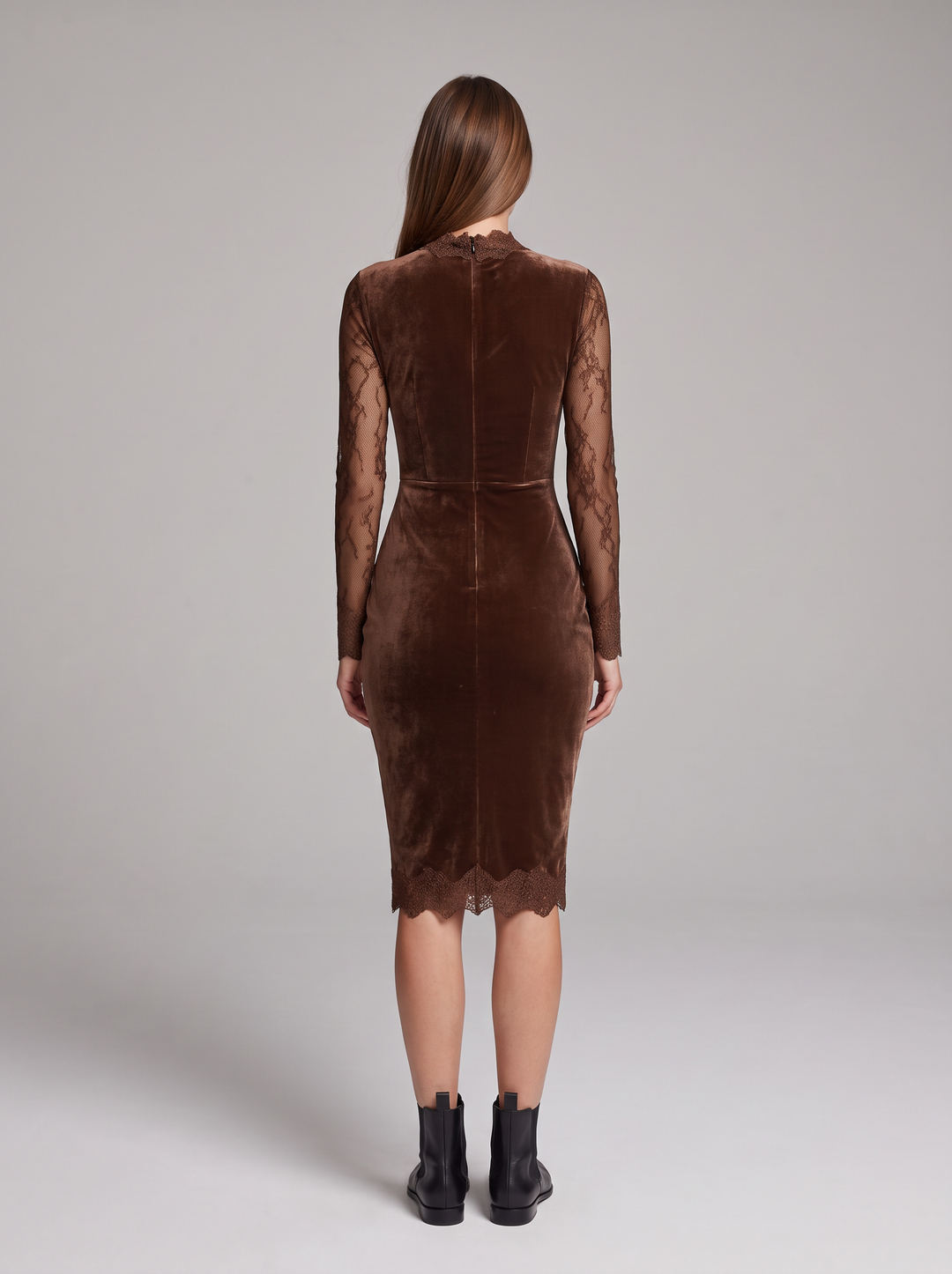 Emilia | Refined Lace Sleeve Velvet Midi Dress Wedding Guest