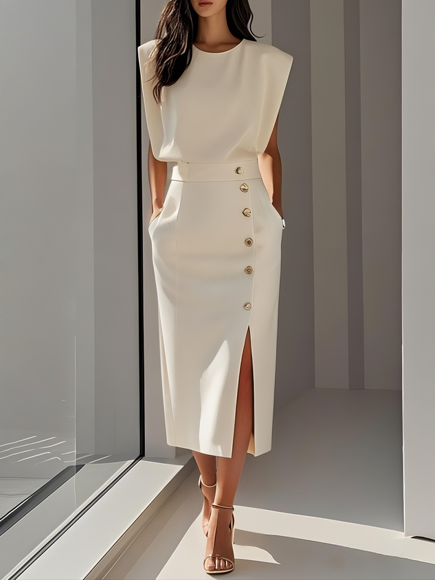 Erin | Elegant Sleeveless Button Front Midi Christmas Party Dress