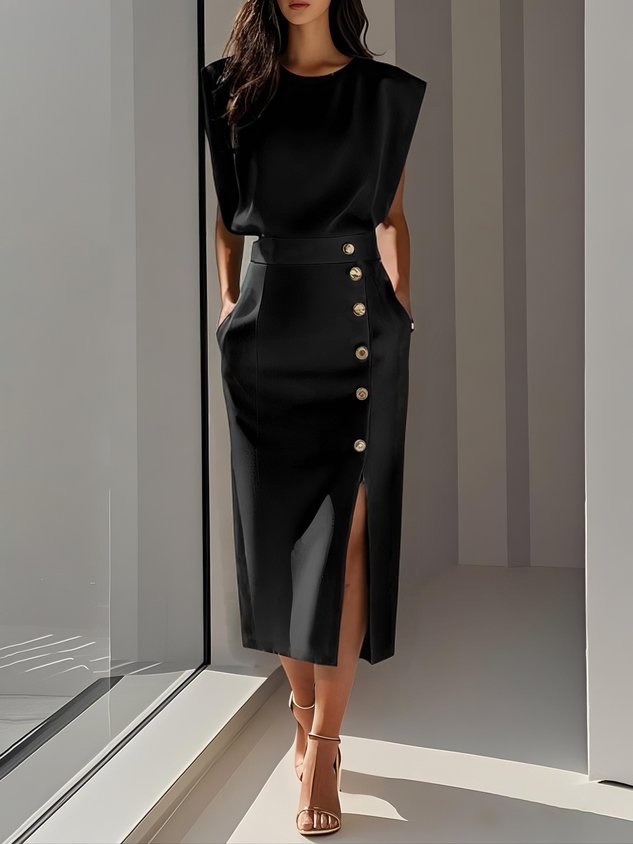 Erin | Elegant Sleeveless Button Front Midi Christmas Party Dress