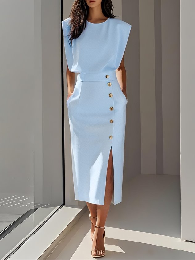 Erin | Elegant Sleeveless Button Front Midi Christmas Party Dress