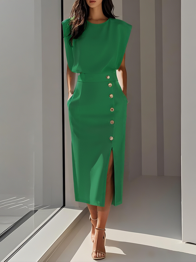 Erin | Elegant Sleeveless Button Front Midi Christmas Party Dress