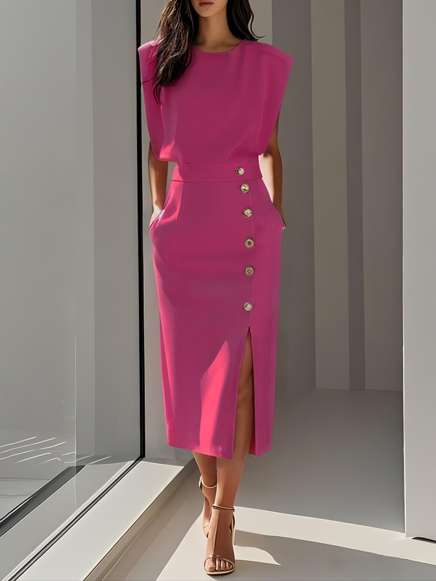 Erin | Elegant Sleeveless Button Front Midi Christmas Party Dress