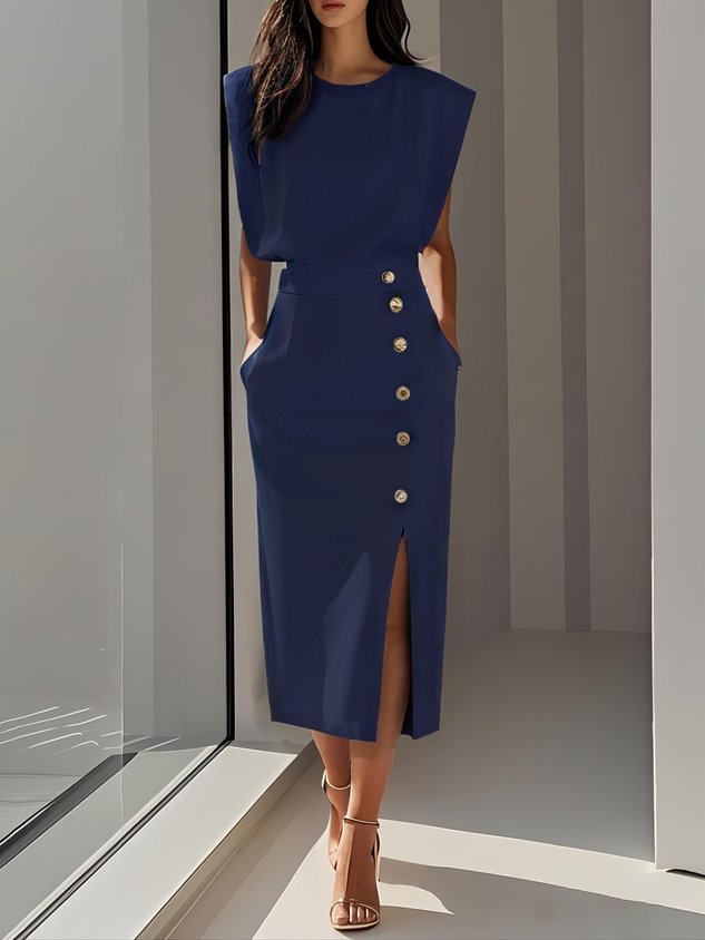 Erin | Elegant Sleeveless Button Front Midi Christmas Party Dress