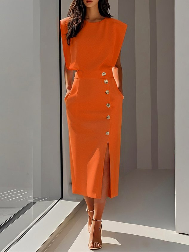 Erin | Elegant Sleeveless Button Front Midi Christmas Party Dress