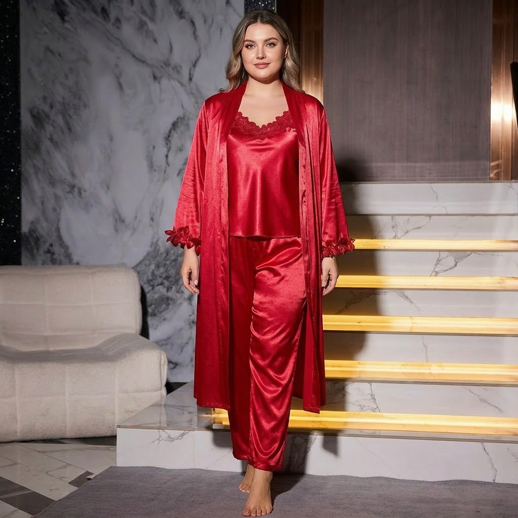 Erin | Relaxed Satin Lace-Trim 3-Piece Pyjamas Set