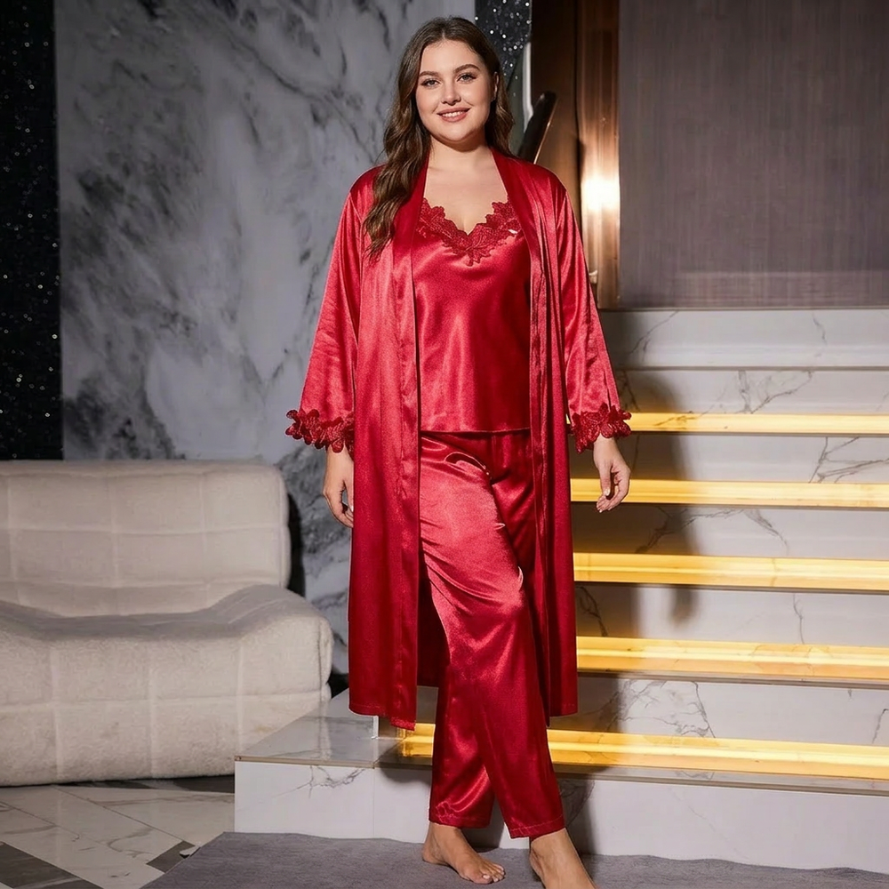 Erin | Relaxed Satin Lace-Trim 3-Piece Pyjamas Set