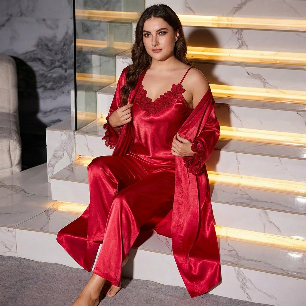 Erin | Relaxed Satin Lace-Trim 3-Piece Pyjamas Set