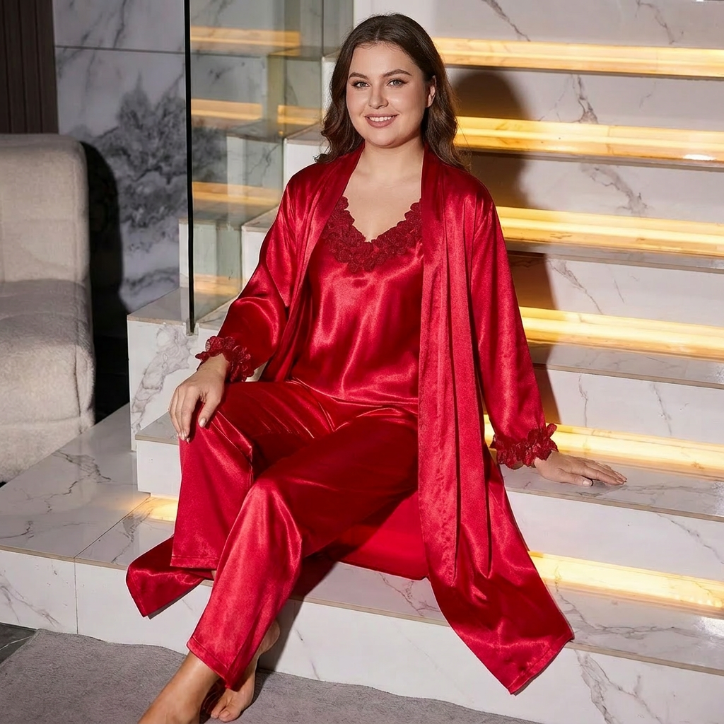 Erin | Relaxed Satin Lace-Trim 3-Piece Pyjamas Set