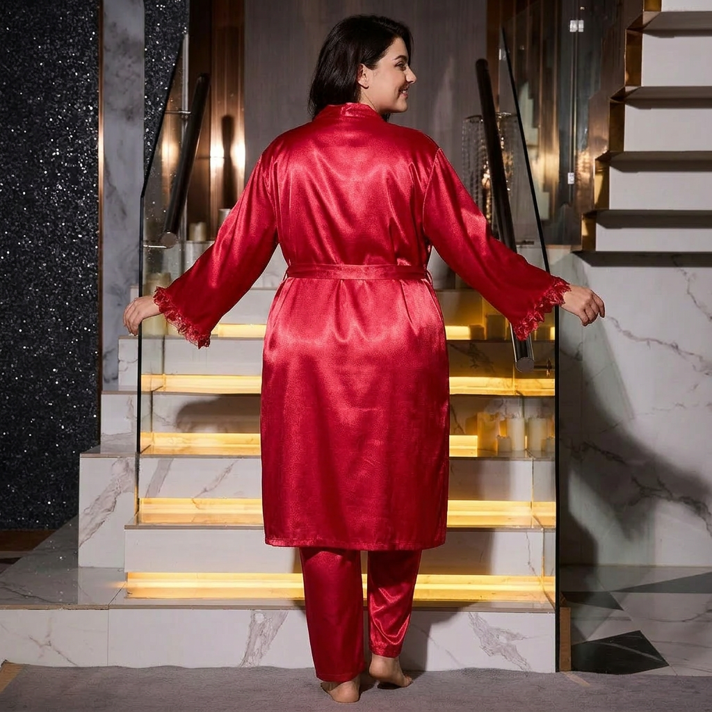 Erin | Relaxed Satin Lace-Trim 3-Piece Pyjamas Set
