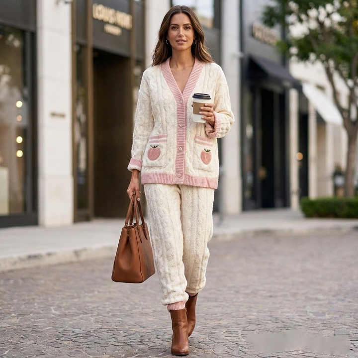 Erin | Stylish Cable Knit Pyjama Set with Fruit Embroidered Pockets