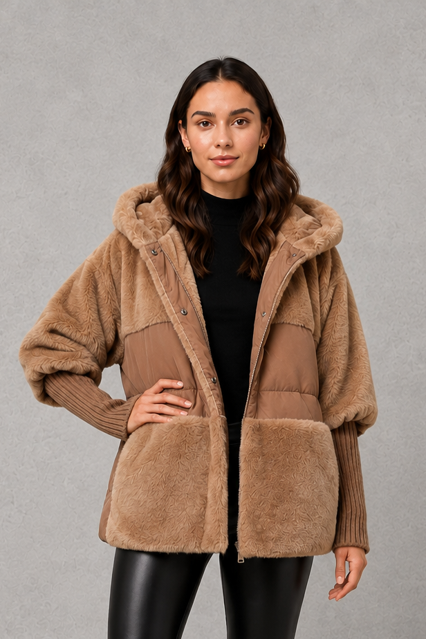 Eva | Graceful Hooded Faux Fur Coat with Ribbed Cuffs