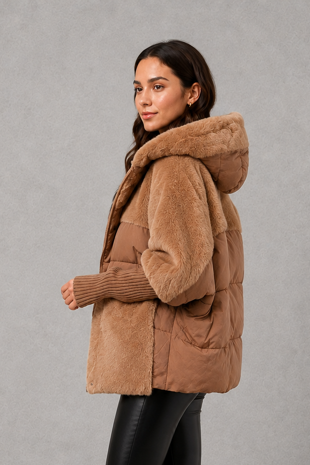 Eva | Graceful Hooded Faux Fur Coat with Ribbed Cuffs