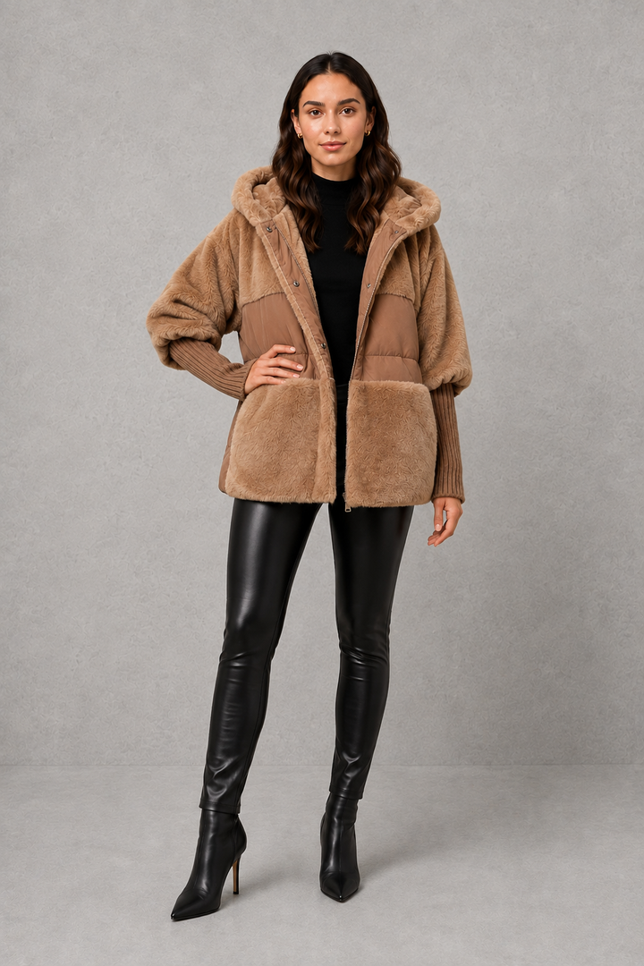 Eva | Graceful Hooded Faux Fur Coat with Ribbed Cuffs