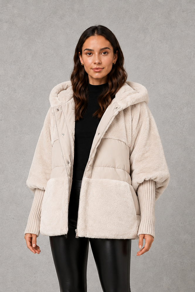 Eva | Graceful Hooded Faux Fur Coat with Ribbed Cuffs