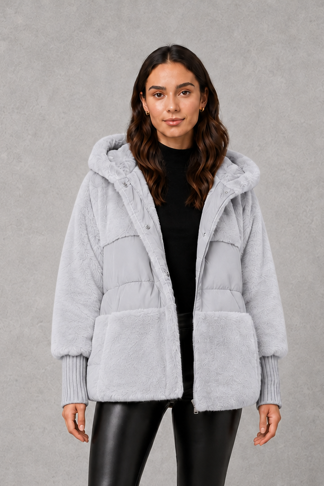 Eva | Graceful Hooded Faux Fur Coat with Ribbed Cuffs