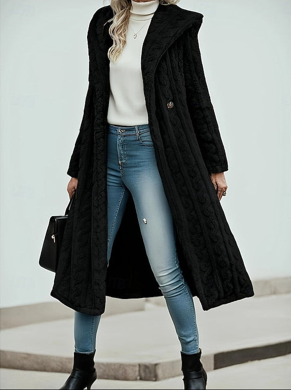 Evelyn | Classic Textured Long Hooded Faux Fur Coat