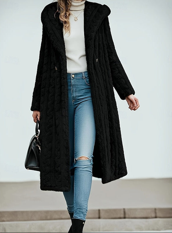 Evelyn | Classic Textured Long Hooded Faux Fur Coat