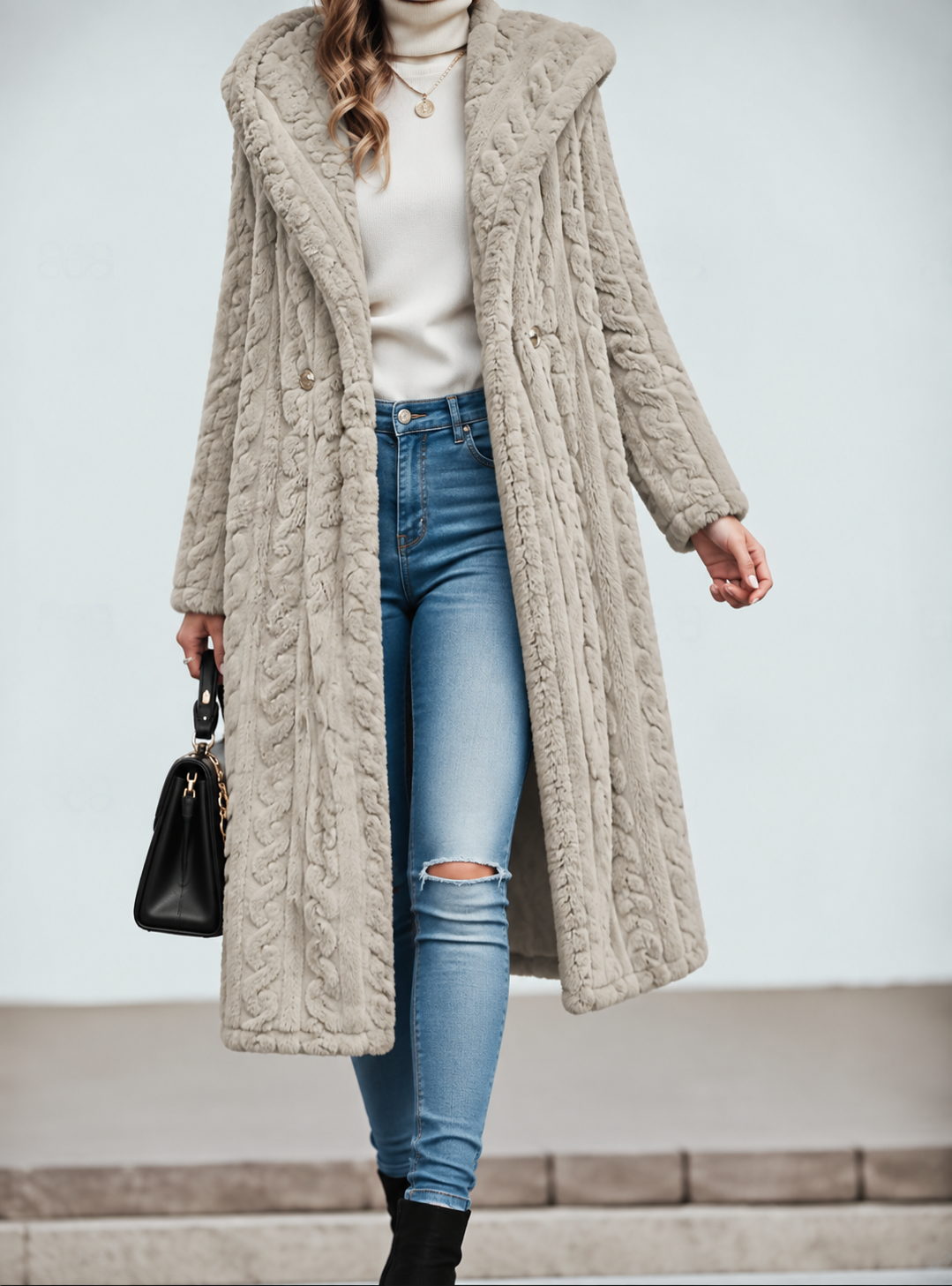 Evelyn | Classic Textured Long Hooded Faux Fur Coat