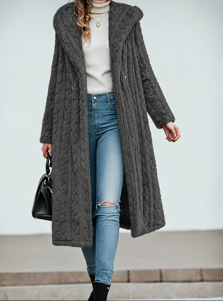 Evelyn | Classic Textured Long Hooded Faux Fur Coat