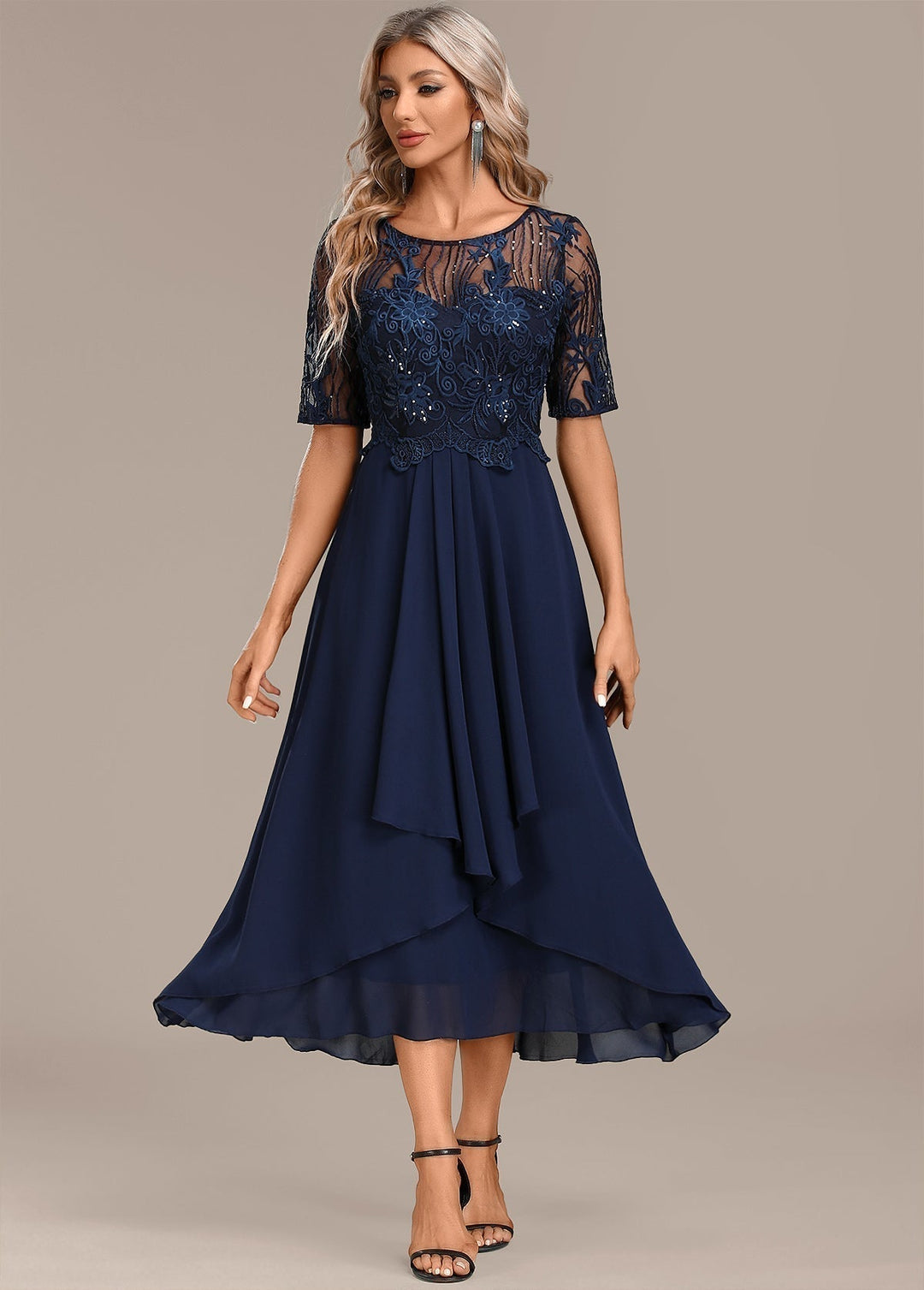 Evelyn | Elegant Lace Panel Midi Christmas Party Dress