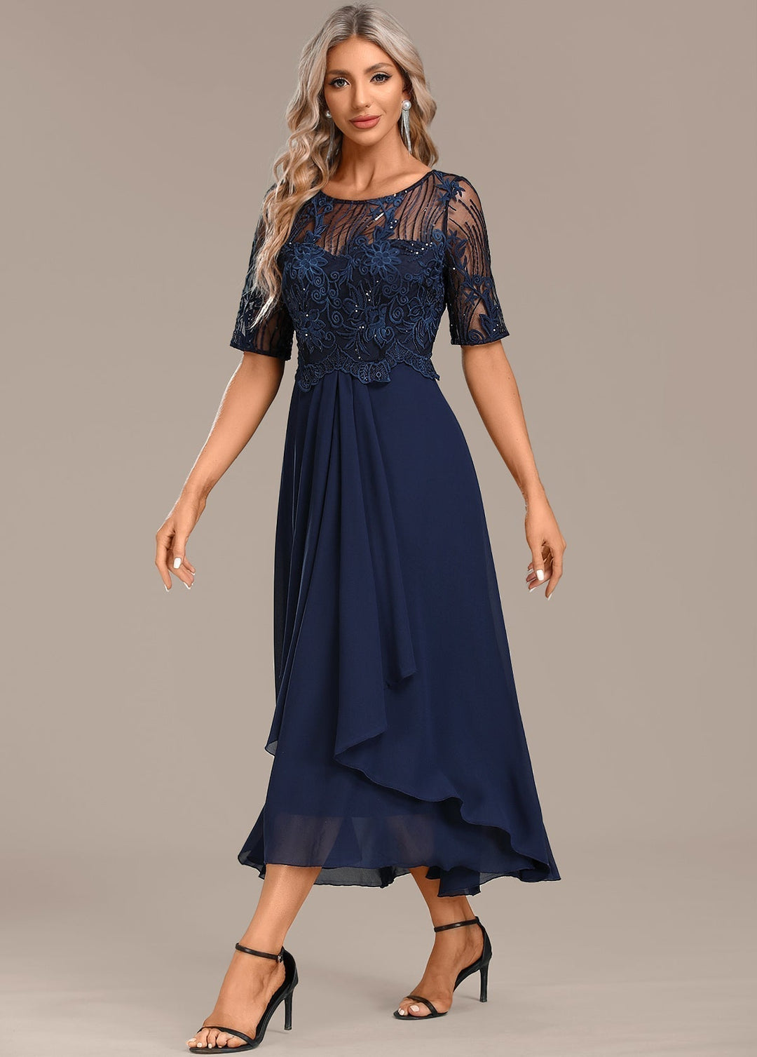 Evelyn | Elegant Lace Panel Midi Christmas Party Dress