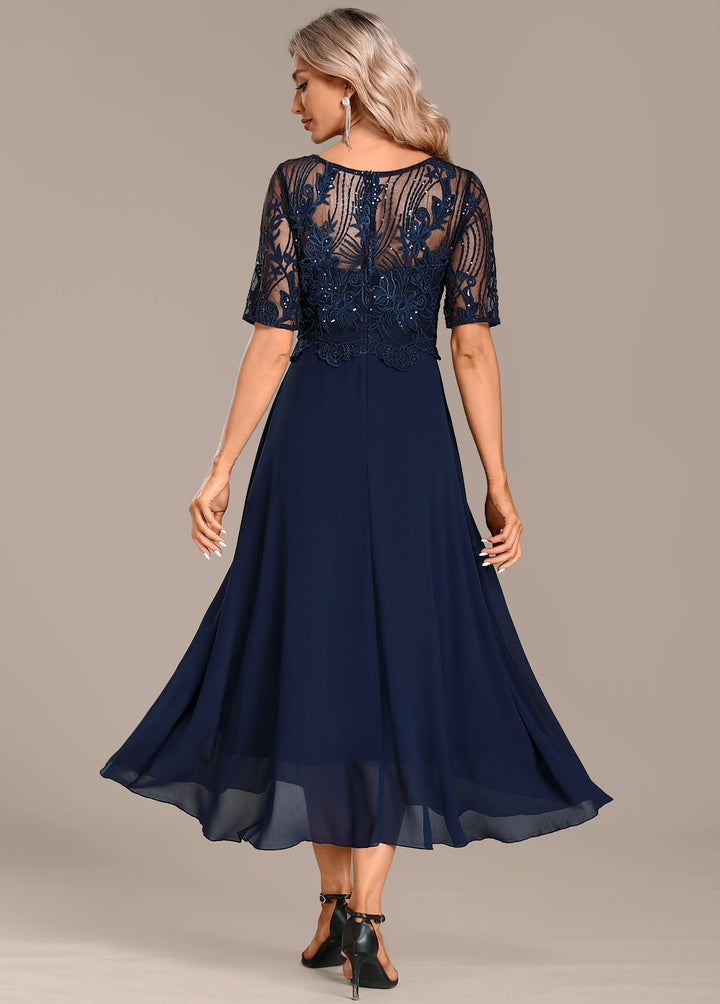 Evelyn | Elegant Lace Panel Midi Christmas Party Dress