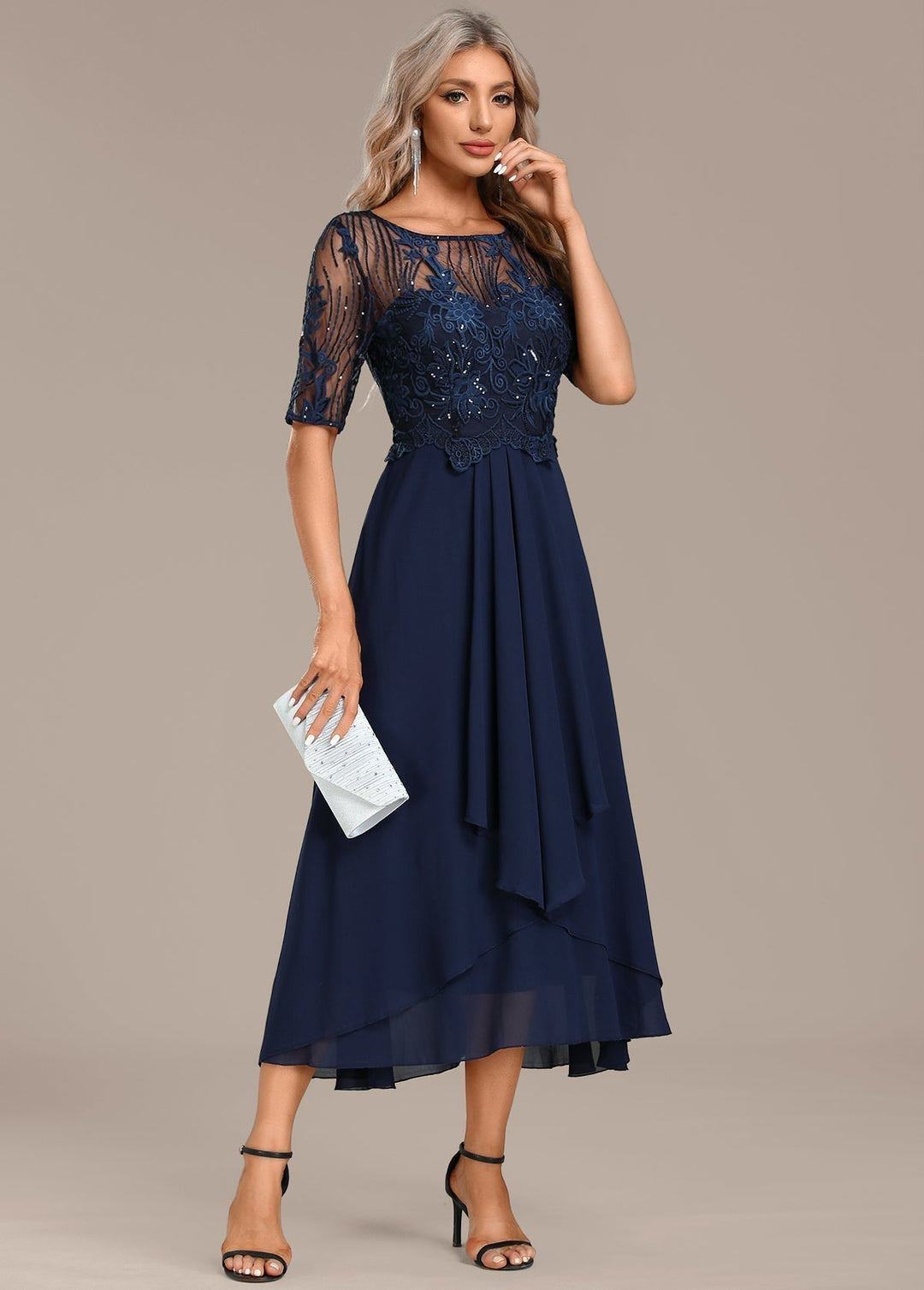 Evelyn | Elegant Lace Panel Midi Christmas Party Dress