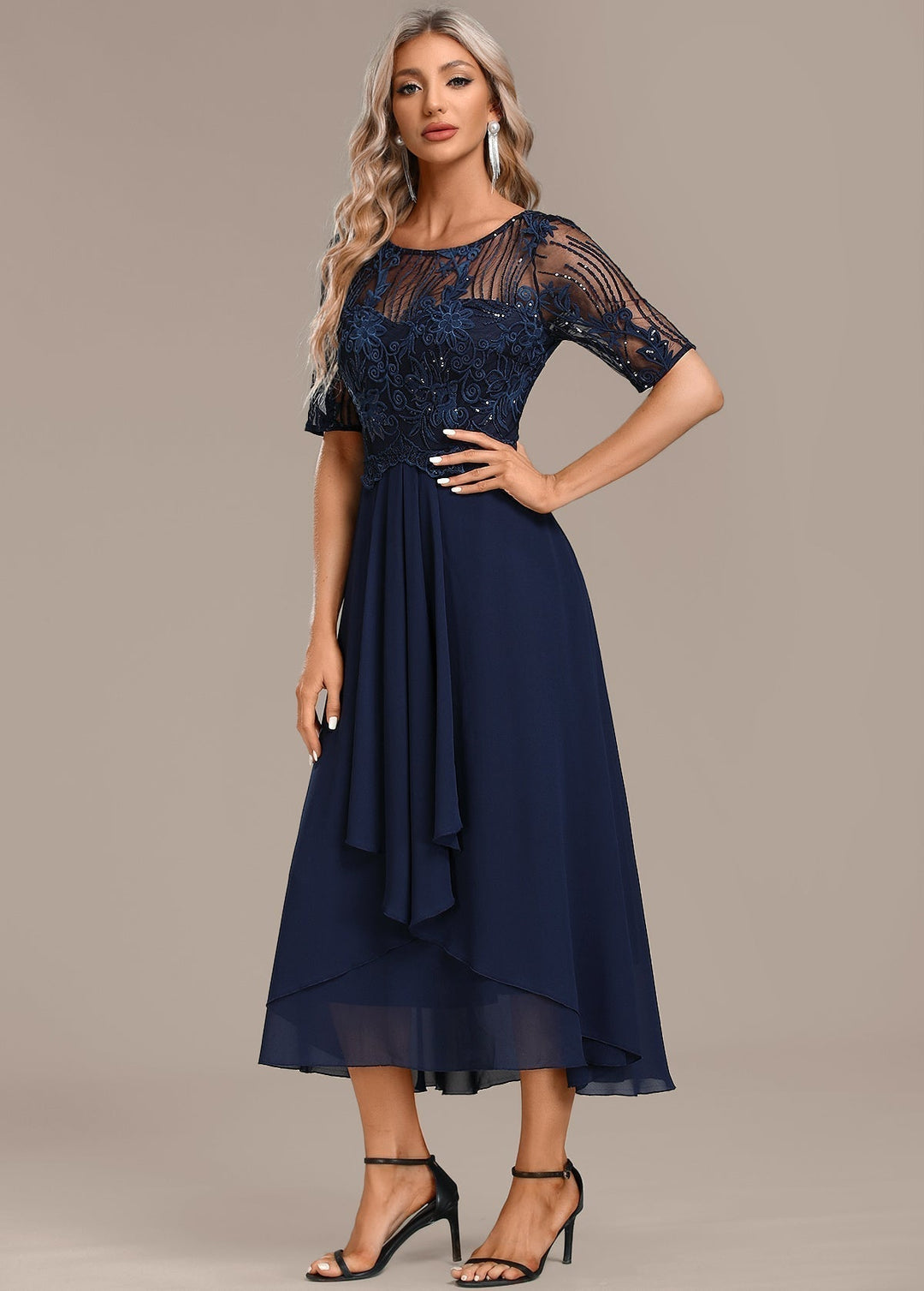 Evelyn | Elegant Lace Panel Midi Christmas Party Dress