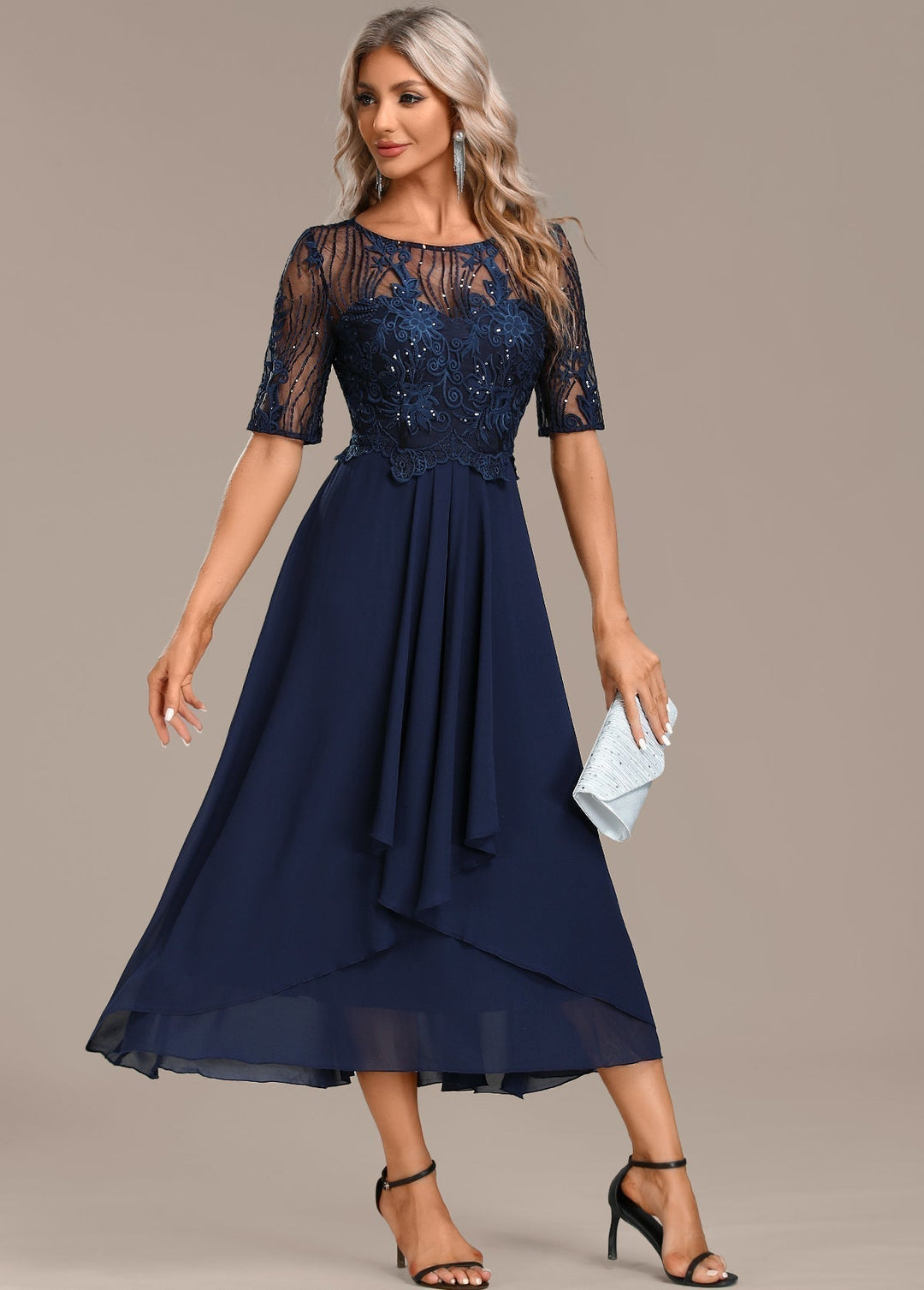 Evelyn | Elegant Lace Panel Midi Christmas Party Dress