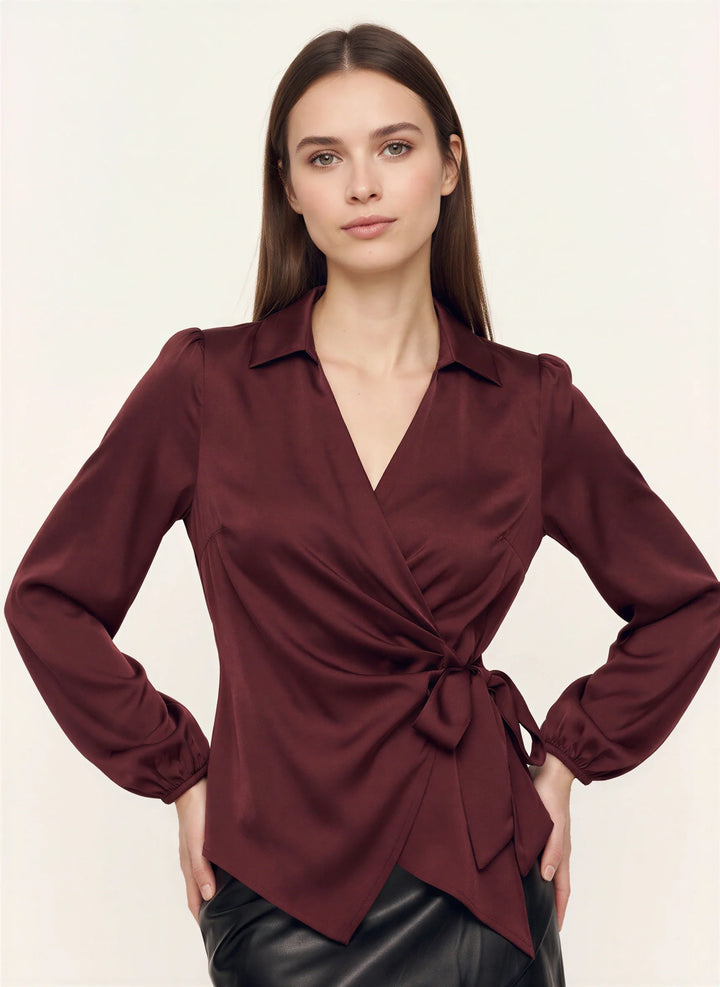 Evie | Stylish Collared Long Sleeve Wrap Party Top