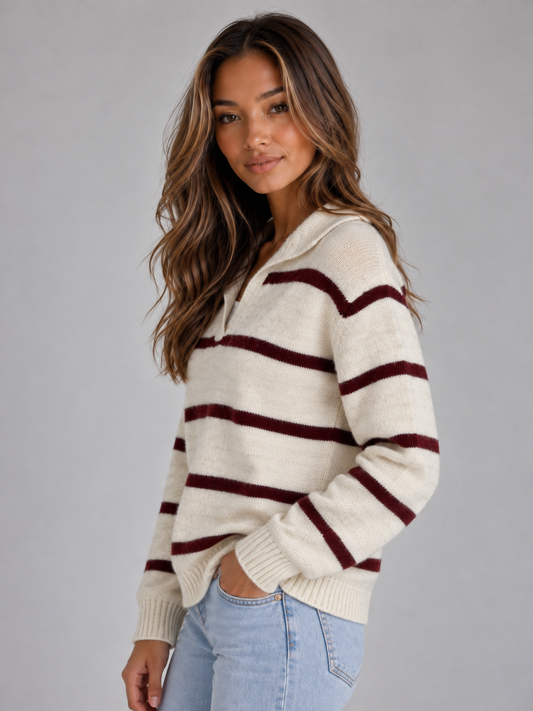 Florence | Striped Collared V-Neck Womens Knit Jumper