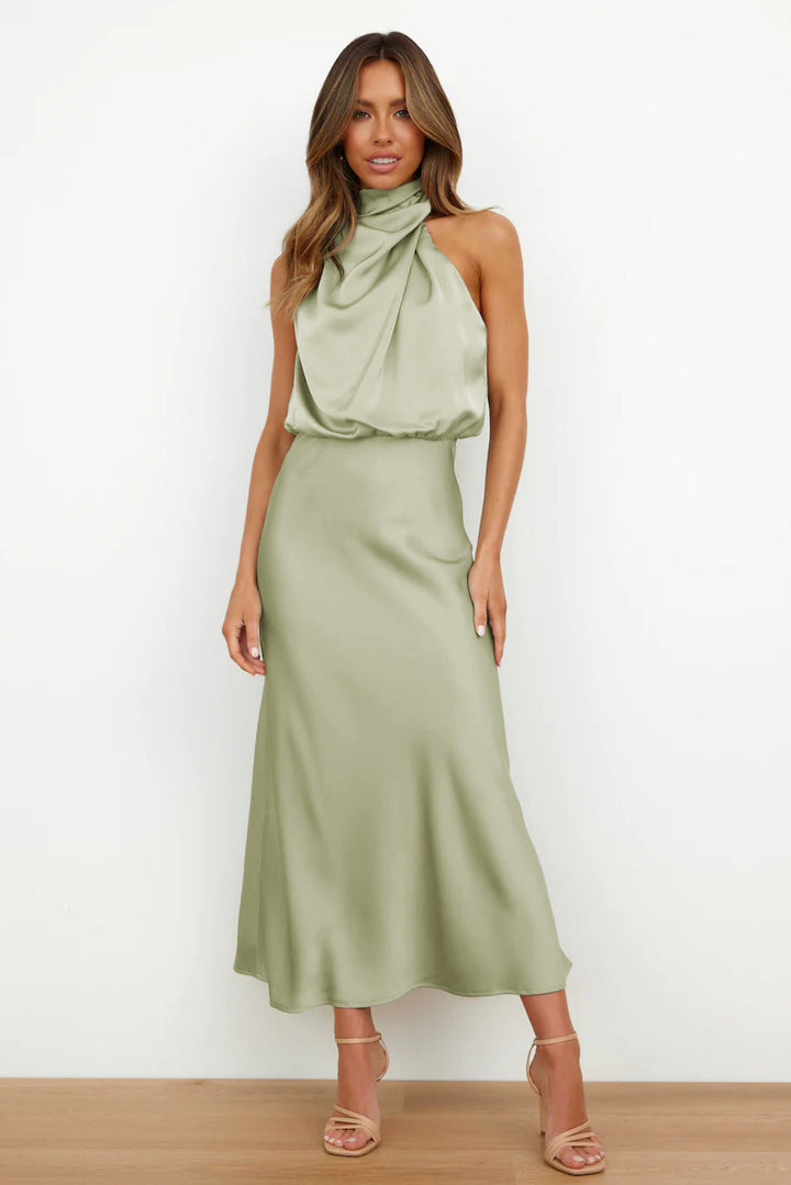 Freya | Refined Draped Halter Neck Midi Christmas Dress