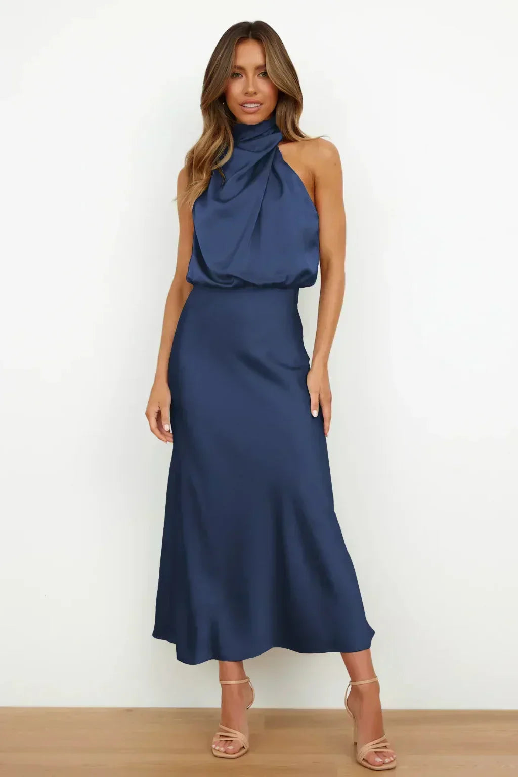 Freya | Refined Draped Halter Neck Midi Christmas Dress