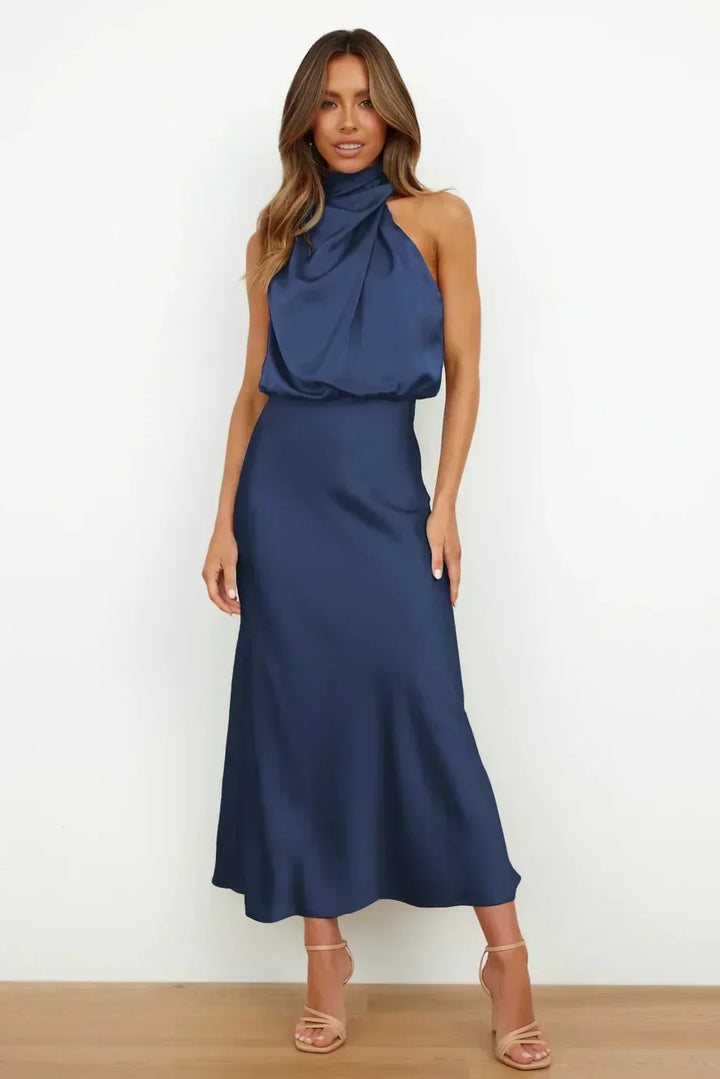 Freya | Refined Draped Halter Neck Midi Christmas Dress