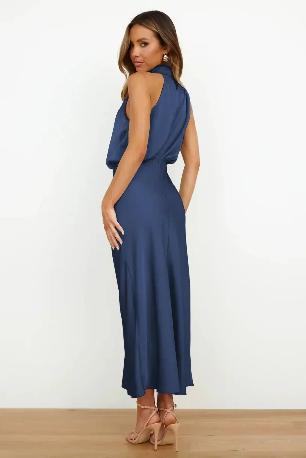 Freya | Refined Draped Halter Neck Midi Christmas Dress