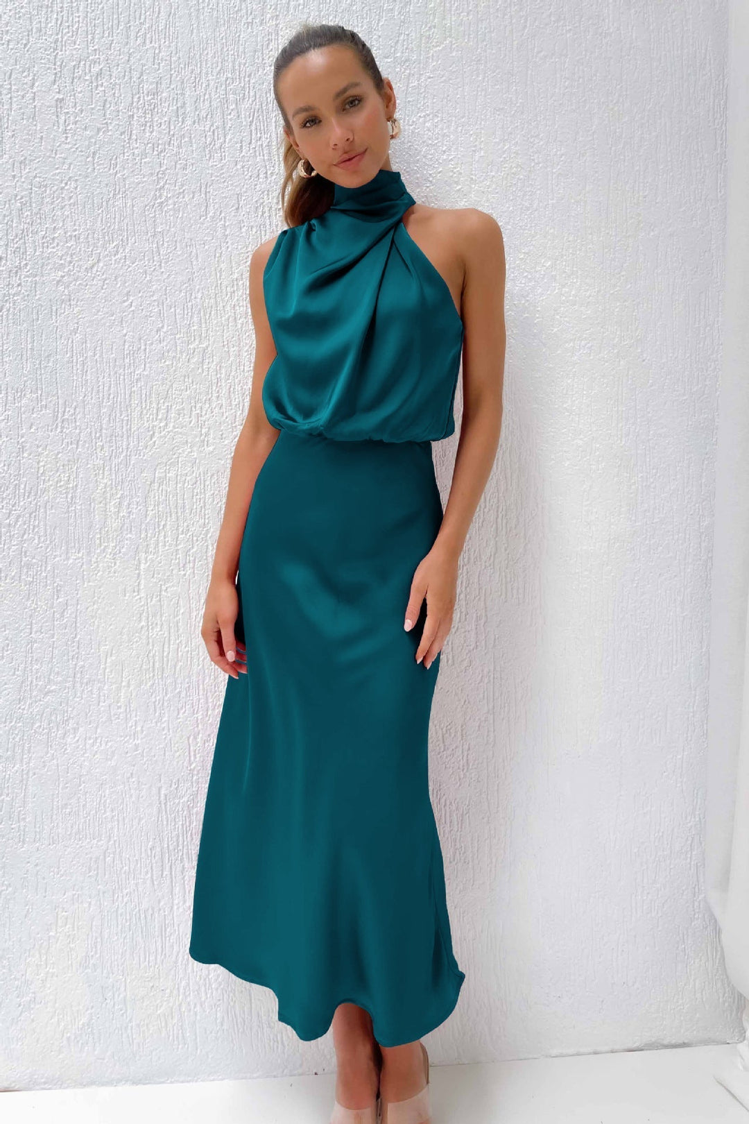 Freya | Refined Draped Halter Neck Midi Christmas Dress
