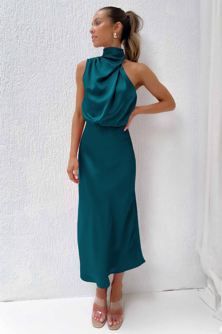 Freya | Refined Draped Halter Neck Midi Christmas Dress